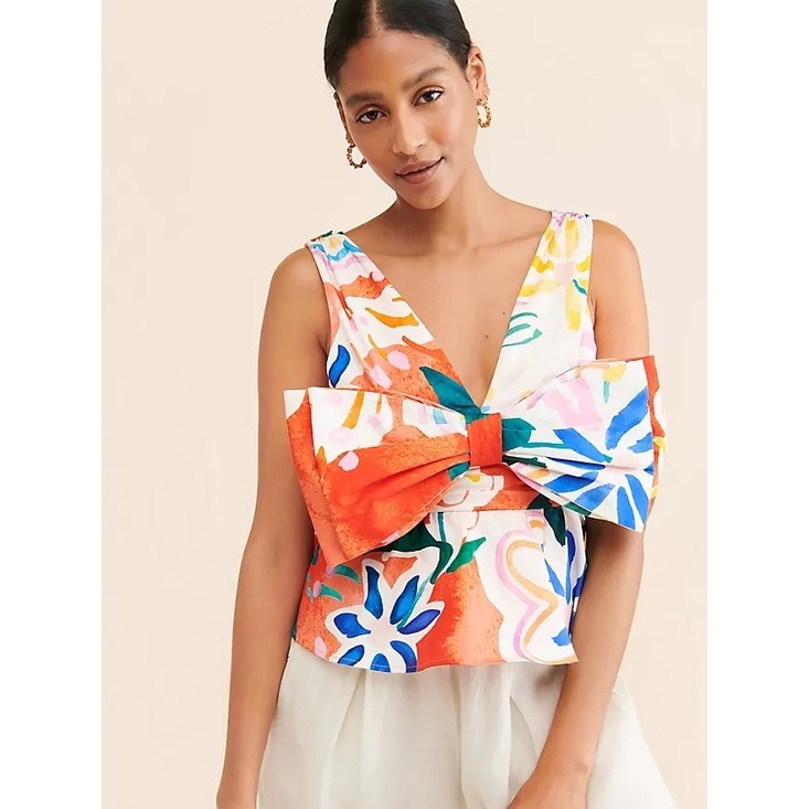 Anthropologie Hutch Floral Oversized Bow Front V-Neck Top Blouse Orange Multi 1x
